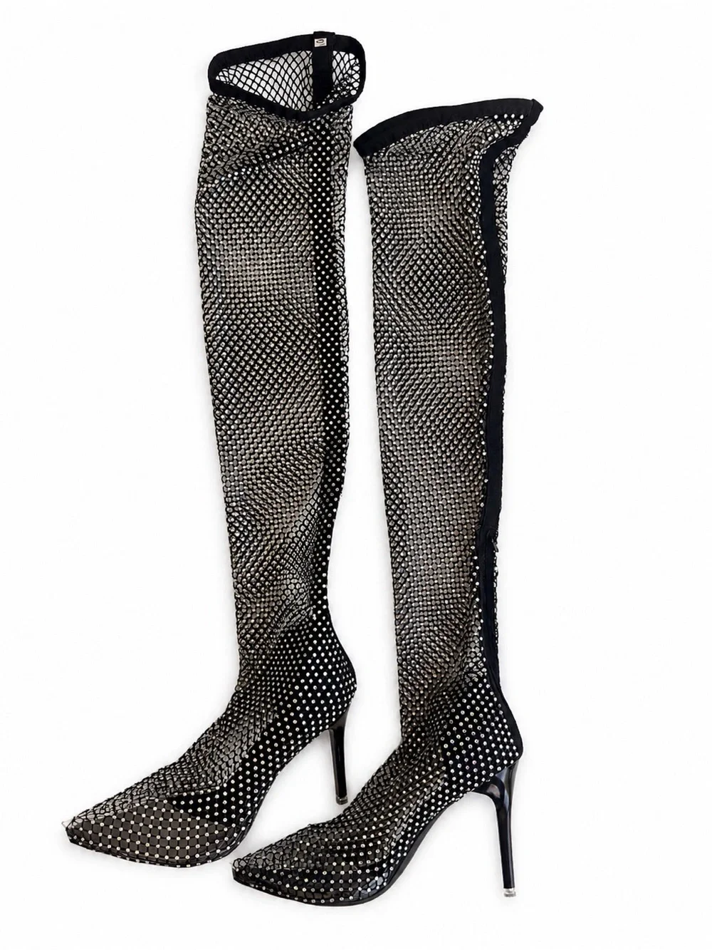 Rhinestone Mesh Over-the-Knee Stiletto Boots — Black